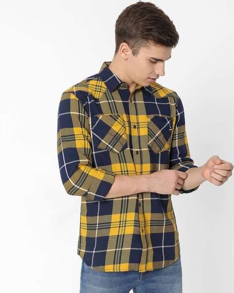 checked slim fit shirt with patch pocket