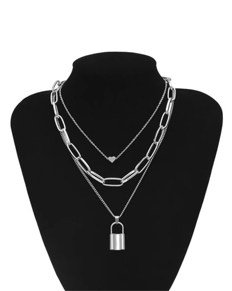 Necklaces - Silver Lock Charm Chain Necklace set - 3pc – 3just3