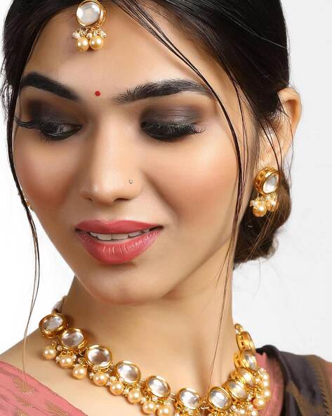 Golden pearl polki sale necklace set