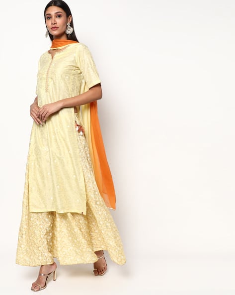 Biba Self-Design Straight Kurta with Printed Sharara & Dupatta Set