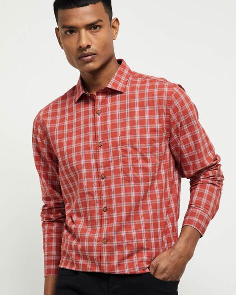 red and orange checkered shirt