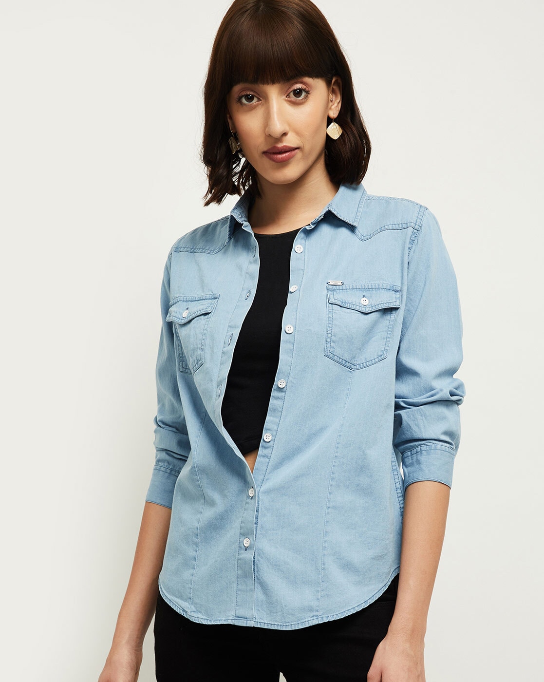 Buy online Blue Solid Denim Shirt from western wear for Women by Ruhaan's  for ₹769 at 57% off | 2024 Limeroad.com
