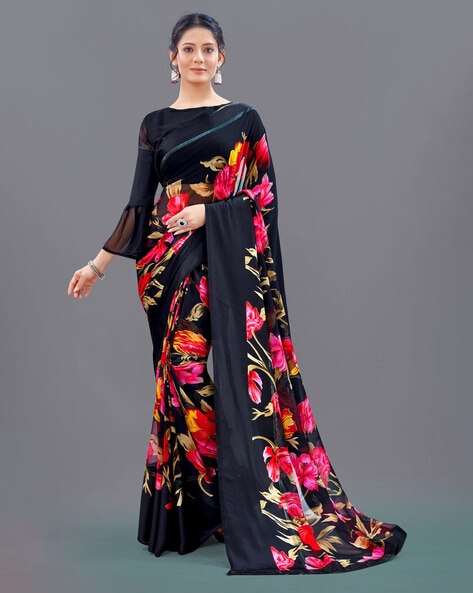 Black saree in satin with border enhanced in floral motif digital print