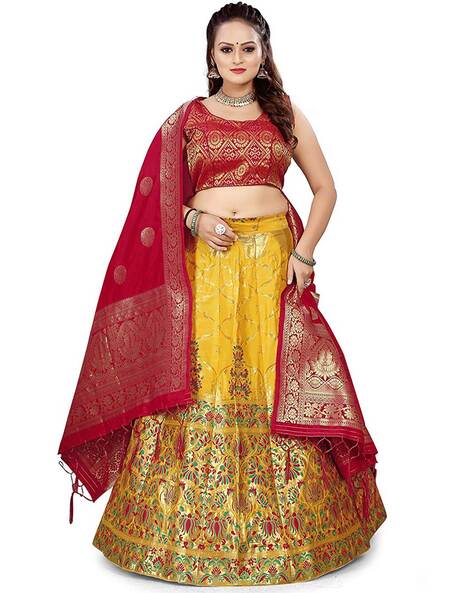 Lehenga Style Women's Silk Semi-Stitched Lehenga Choli (Yellow_Free Size),  Yellow, Free Size: Buy Online at Best Price in UAE - Amazon.ae