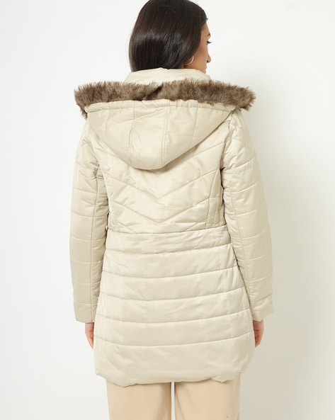 womens cream coat with fur hood