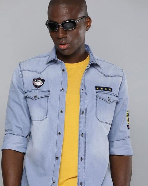 The Indian Garage Co Men Washed Slim Fit Shirt with Badges