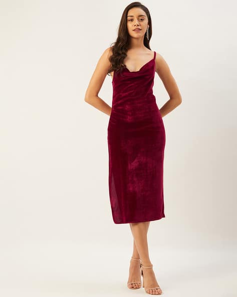 Anvi Dresses Maroon Velvet Bodycon Dress Cowl-Neck Sleeveless
