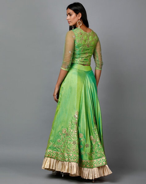 Buy Neon Green Zari Embroidered Silk Lehenga Choli In USA
