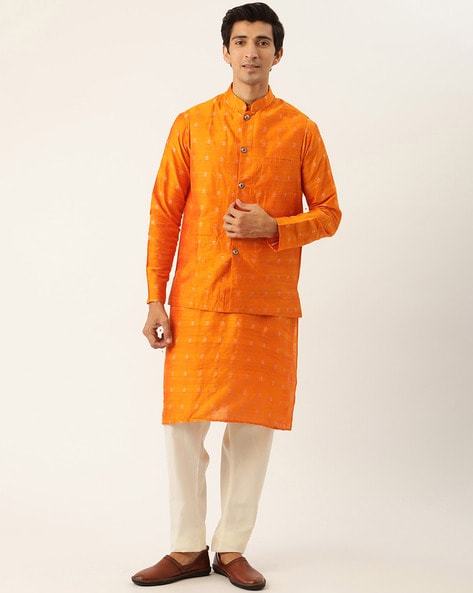 Buy Orange Kurta And Nehru Jacket Chanderi Silk & Pant Cotton Bundi Set For  Men by Chrkha Online at Aza Fashions.