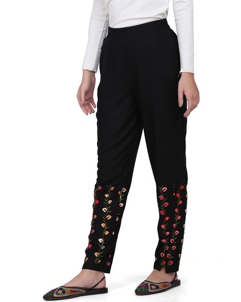 Buy Black Floral Embroidered Pants Online  The Label Life