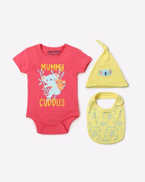 Graphic Printed Romper With Beanie & Bib Set