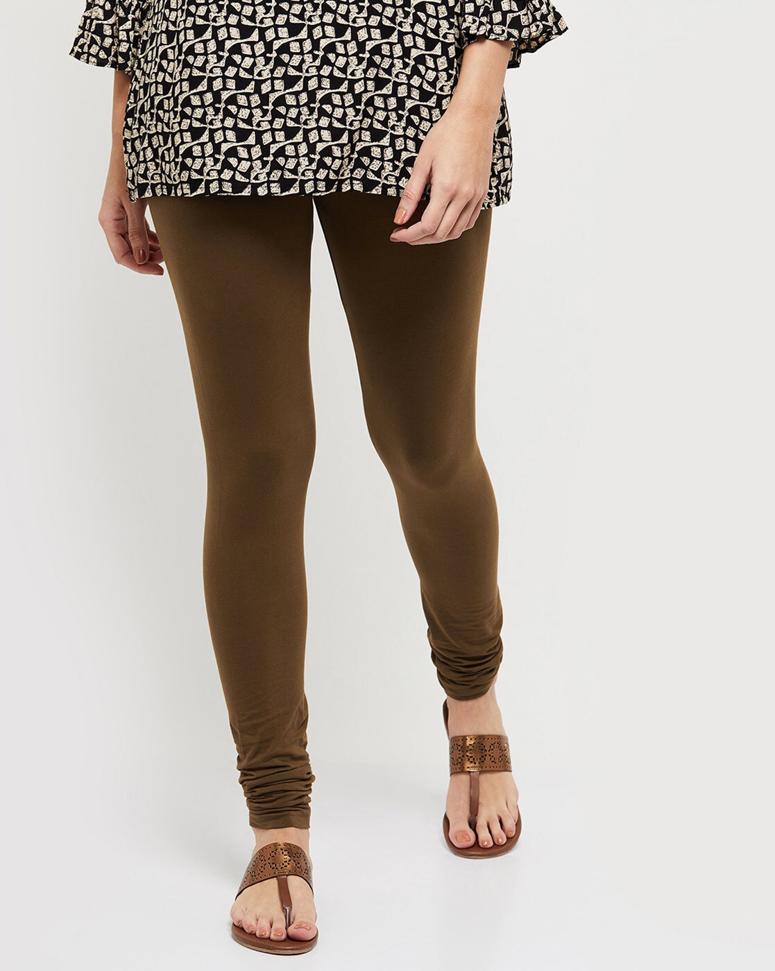 Buy JANASYA Brown Solid Churidar Length Viscose Lycra Womens Leggings |  Shoppers Stop