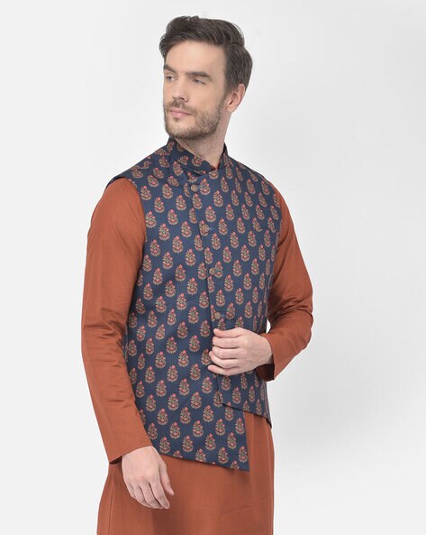 Block Printed Art Silk Asymmetric Nehru Jacket in Dark Beige : MTE44