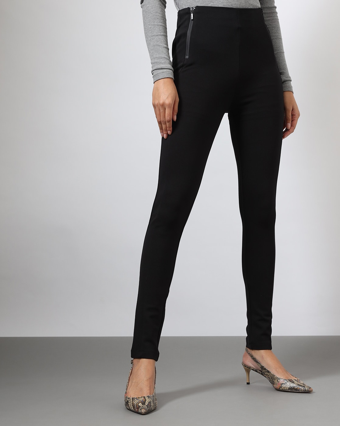 Women High-Rise Treggings with Button Accent