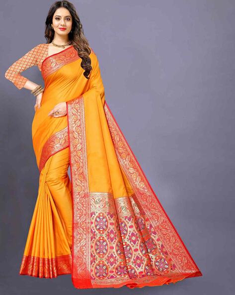 Banarasee Kora Muslin Saree With Buta Design & Temple Border-Peach