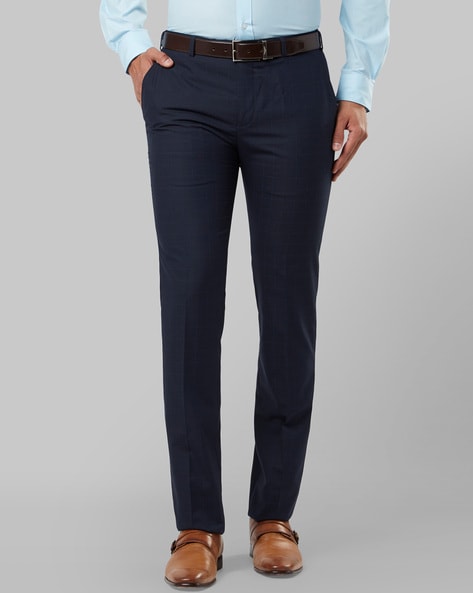 Buy Raymond Slim Fit Checkered Navy Blue Formal Trouser Online