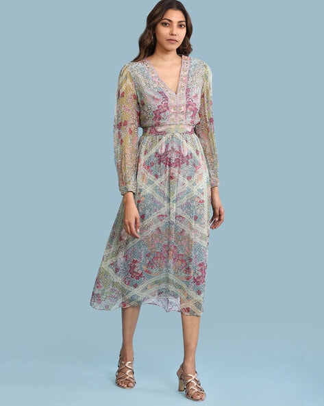 Printed V neck A line Dress with Embroidery