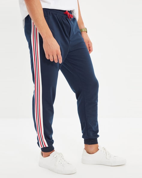 Navy blue track hot sale pants with red stripe