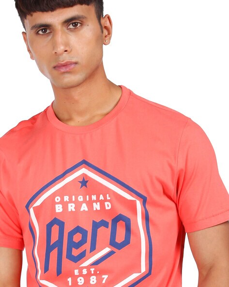 Buy Aeropostale Men Coral Red Crew Neck Brand Print T-Shirt