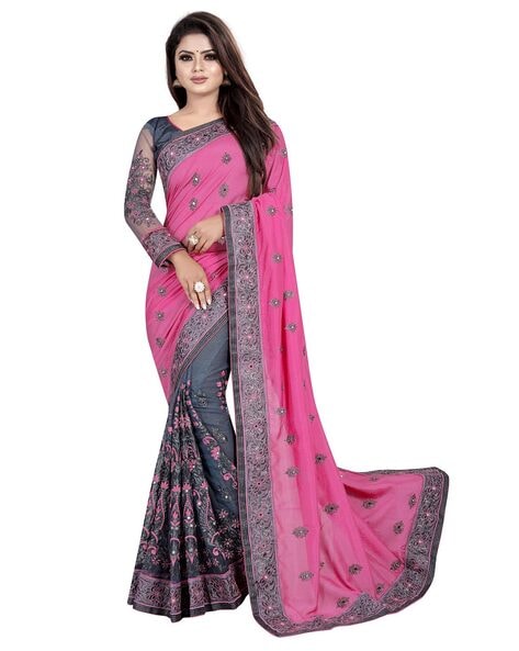 Buy Hadlo Trendz Embroidered Banarasi Net, Silk Blend Pink Sarees Online @  Best Price In India | Flipkart.com