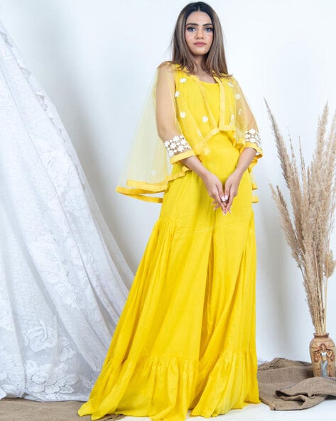 Buy Yellow Chanderi Embroidery Mandarin Collar Jumpsuit With Jacket For  Women by JYOTI SACHDEV IYER Online at Aza Fashions.
