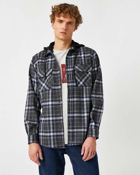 Checked Hooded Shirt with Flap Pockets