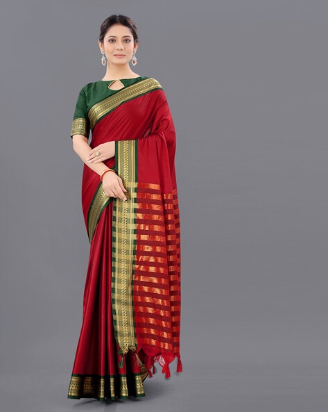 Bottle Green by Red coloured Border Kanjeevaram Saree