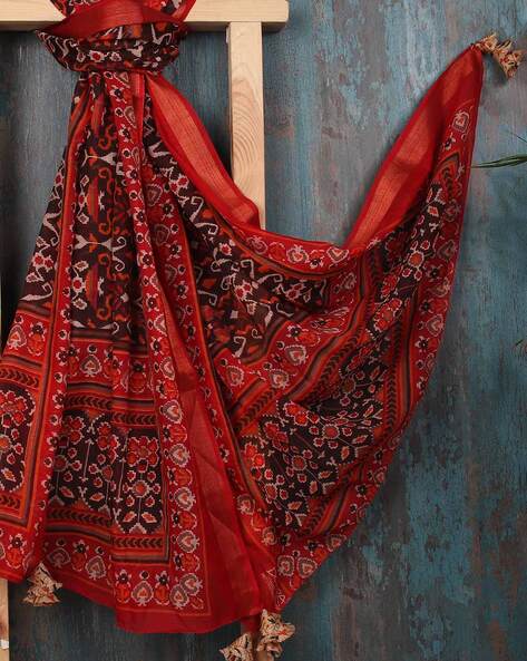 Printed Cotton Silk Dupatta with Tassels Price in India
