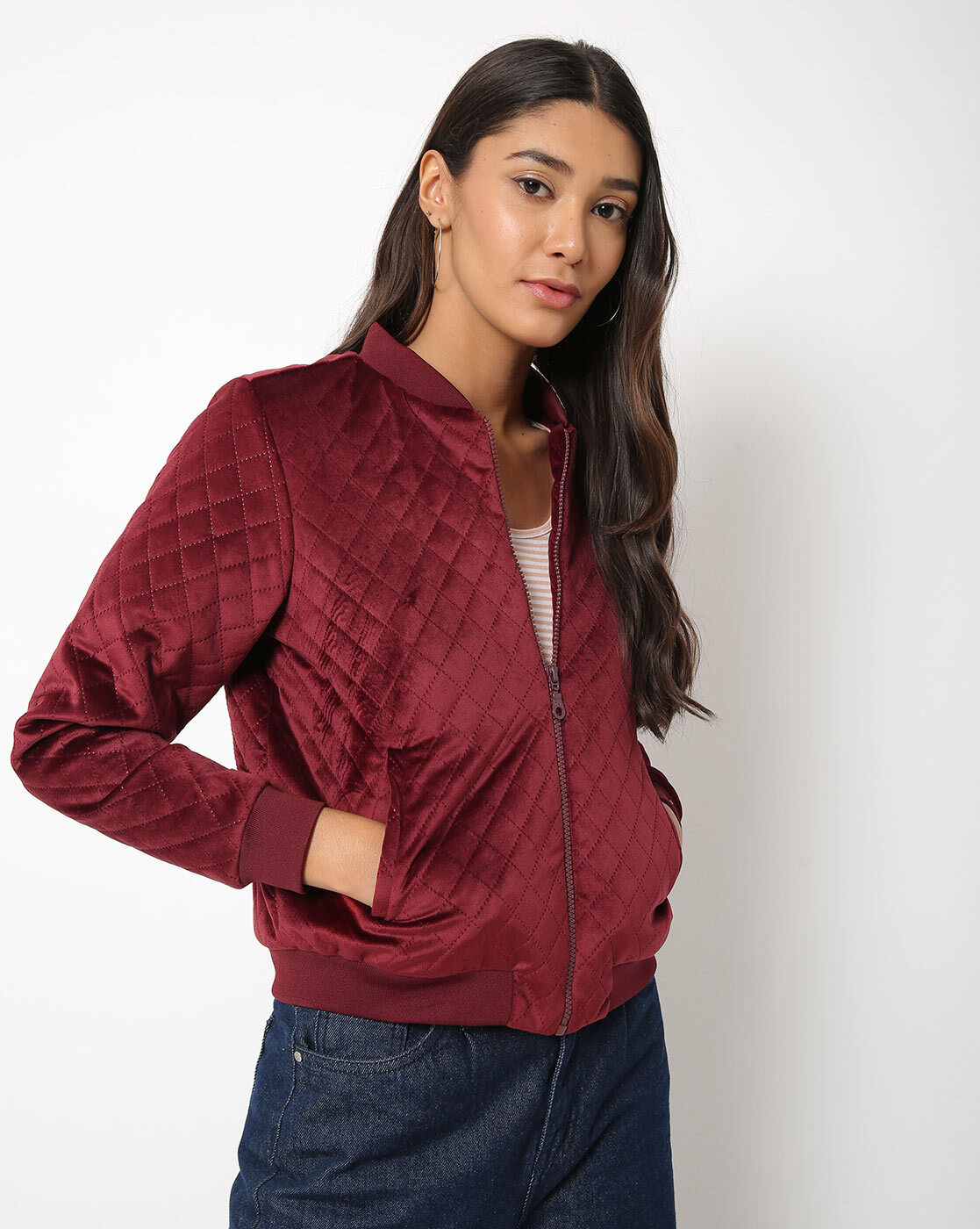 velvet quilted bomber jacket