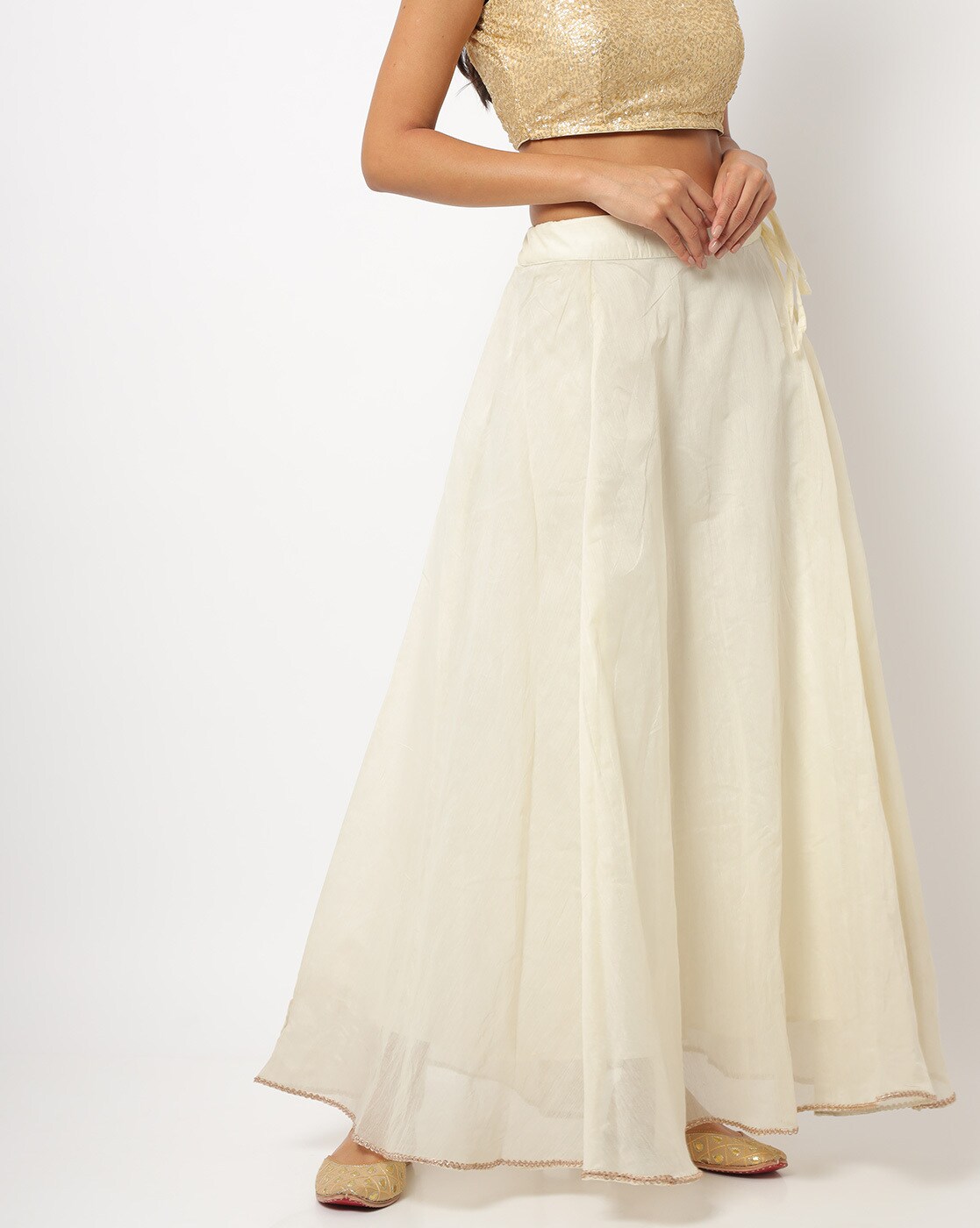 Golden Printed Kota Silk Long Skirt in Off White : BNJ647