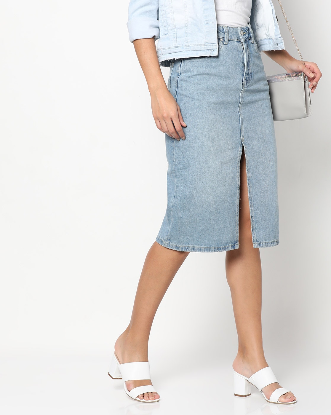 Elegant High Waist Denim Skirt For Women - A-line Slit Long Skirt