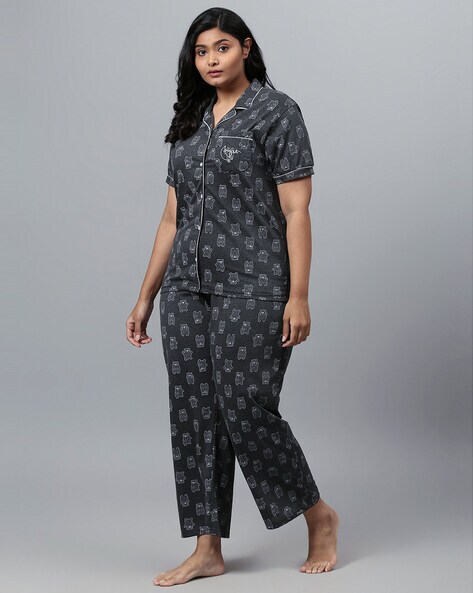 Animal Print Nightwear Set with Patch Pocket