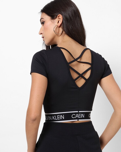 Calvin Klein Jeans LABEL CROP V-NECK TOP - Top - black 