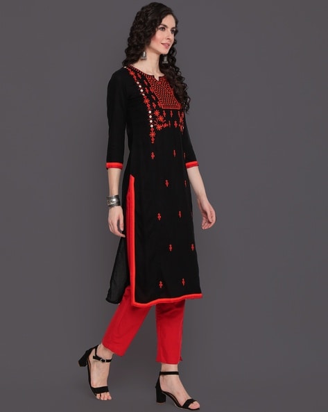 Red and Black Cotton And Georgette Koti Style Lucknow Chikan Emporium