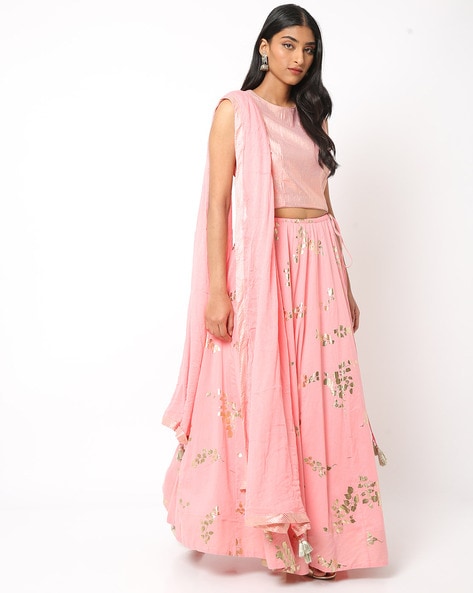 Pink Cotton Blend Short Top Lehenga Set