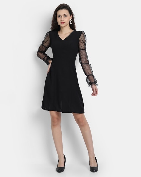 Simple Black High Neck Front Slit Long Sleeves Evening Dress | LizProm