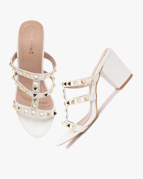 Buy Gold Embellished Cube Studded Square Toe Heels by Kaltheos Online at  Aza Fashions.