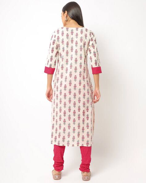 Block Print Straight Kurta with Churidar & Dupatta view 3
