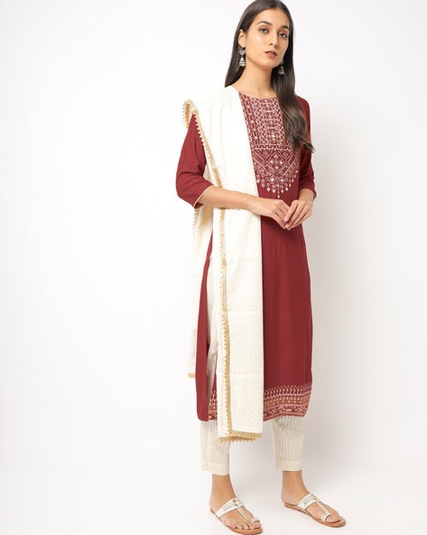 MAROON WITH WHITE-KURTI WITH PANT AND DUPATTA SET