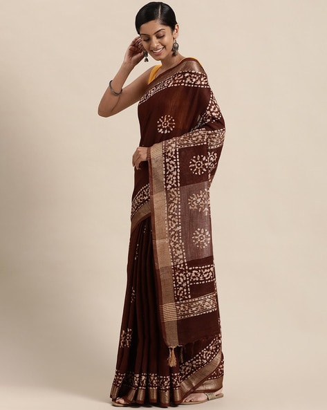 Semi linen saree wine shade and sandal with allover bandhani prints & –  Cherrypick