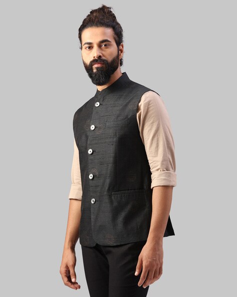 Buy Men Navy Textured Slim Fit Business Casual Nehru Jacket Online - 451302  | Louis Philippe