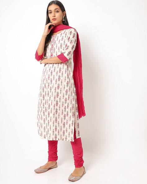 Block Print Straight Kurta with Churidar & Dupatta