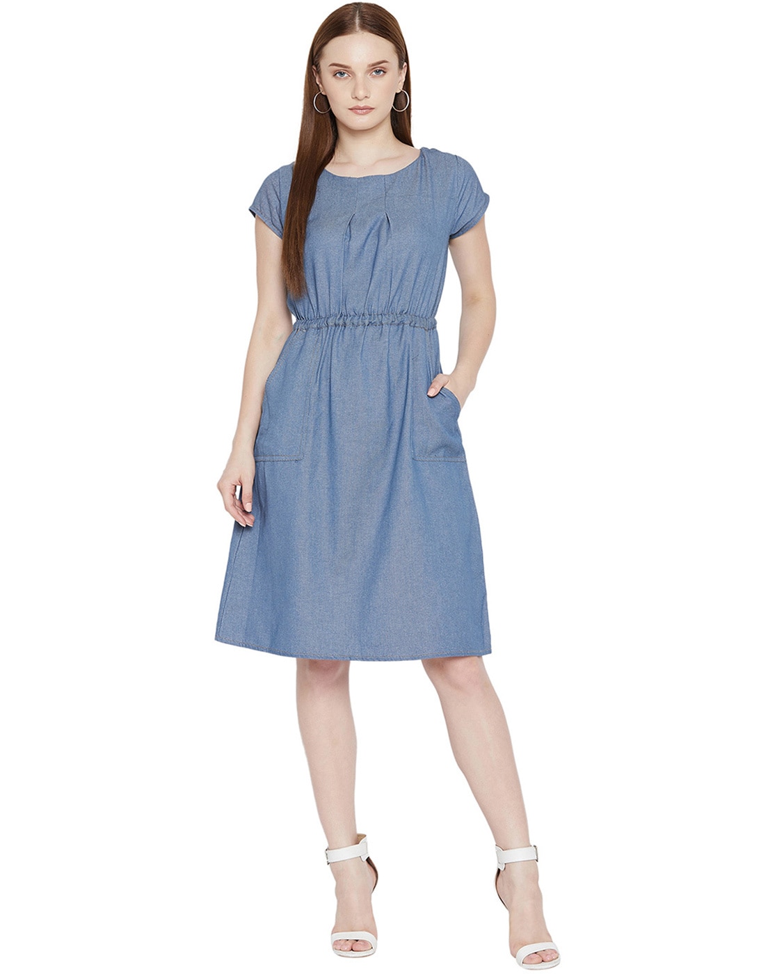 Women Summer Denim Dress, Solid Color Lapel Short-Sleeve Buttons Casual One- Piece for Ladies - Walmart.com
