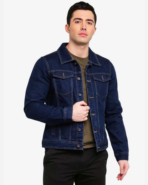 Dark blue jean jacket on sale mens