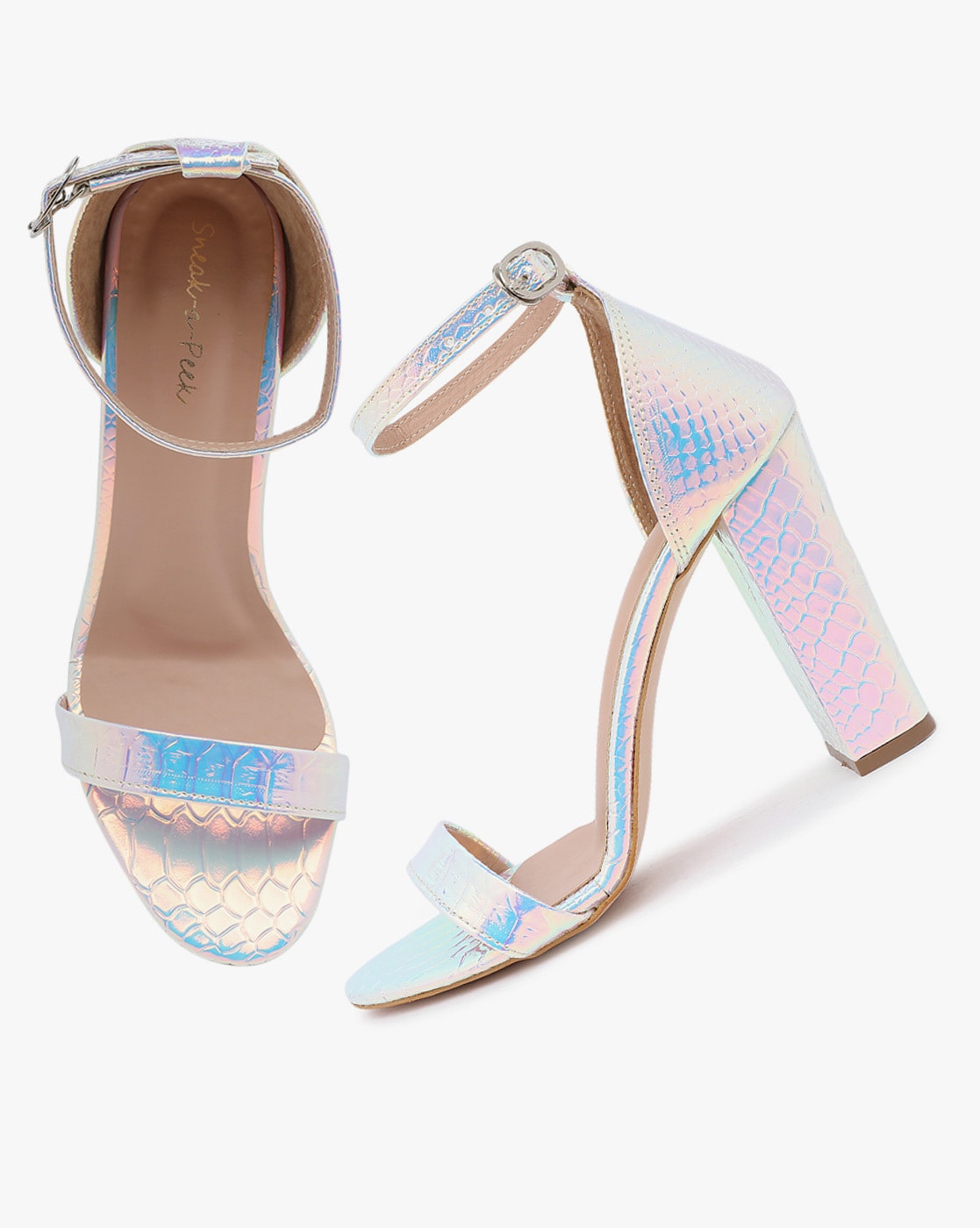 Women Sandals Gold Silver Wedding Holographic Ankle Buckle Sandals Ladies  Open-toe Crystal High Heels Transparent Jelly Sandals