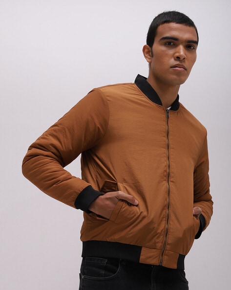 Men's Brown Leather Bomber Jacket, Tan Crew-neck Sweater, Dark Green Cargo  Pants, Dark Brown Leather Belt | Lookastic