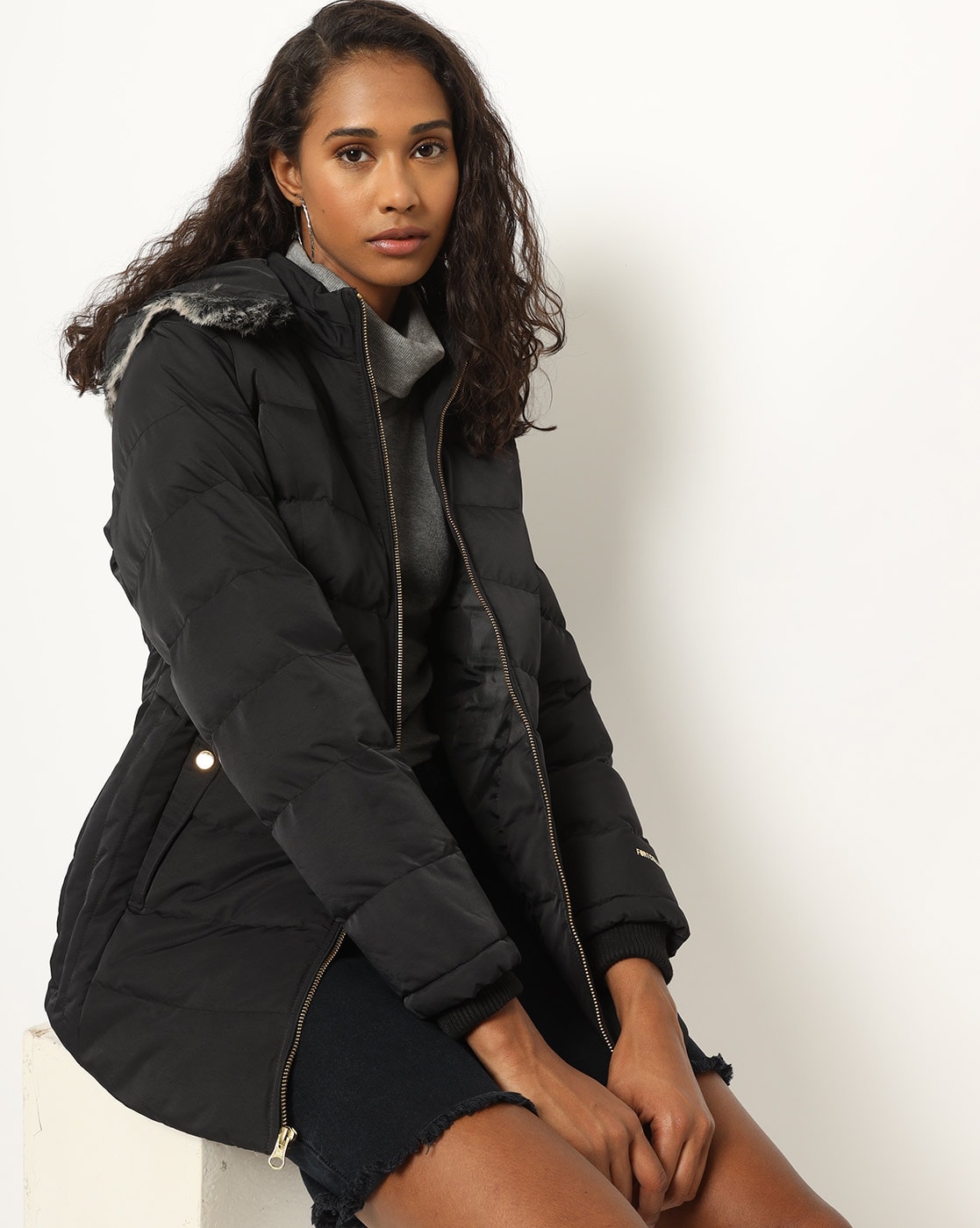 black puffer jacket with faux fur hood