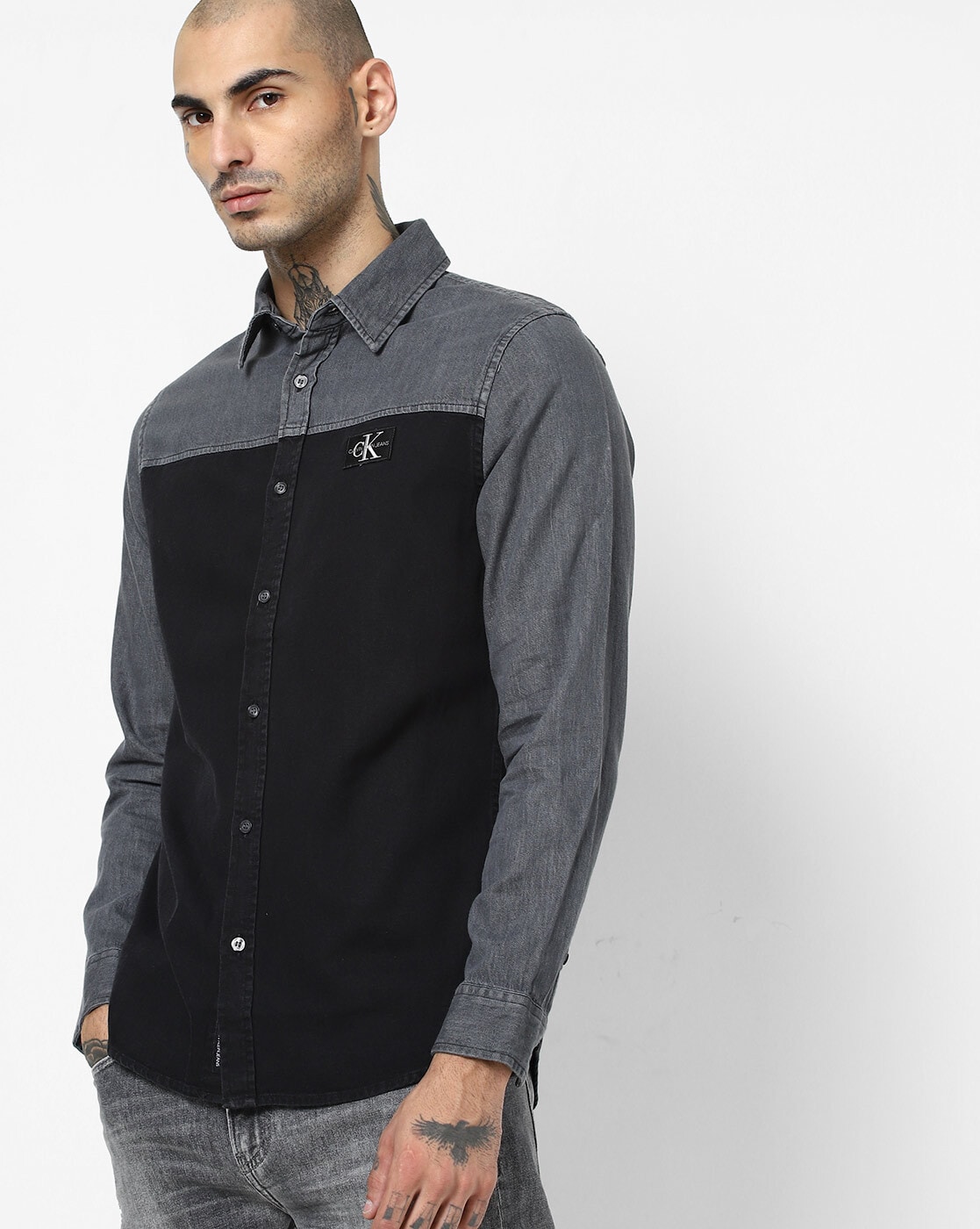 LS Colourblock Slim Fit Denim Shirt