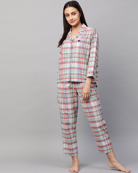 Buy CUTE AND YOUNG Check Printed Night Suit Set for Women Shirt & Pyjama,  Stylish Nightwear Collar Style, Half Slevees, Casual, Home, Sleep Wear for  Women Grey at Amazon.in