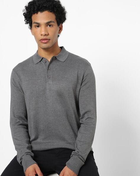 Textured Polo-Neck Pullover